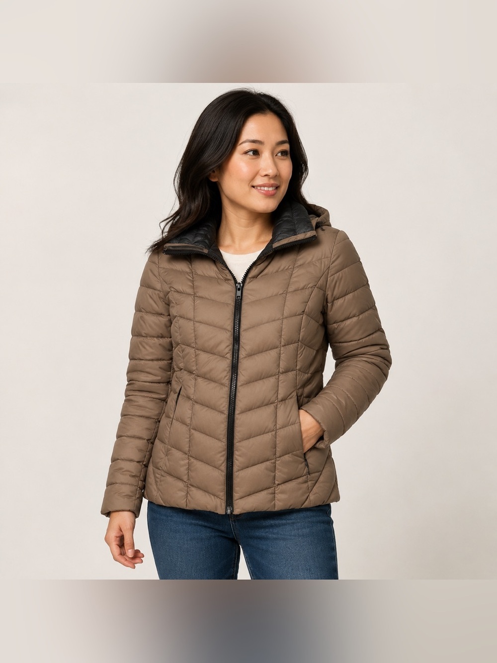 Soia & Kyo Tan Quilted Puffer Hooded Jacket S